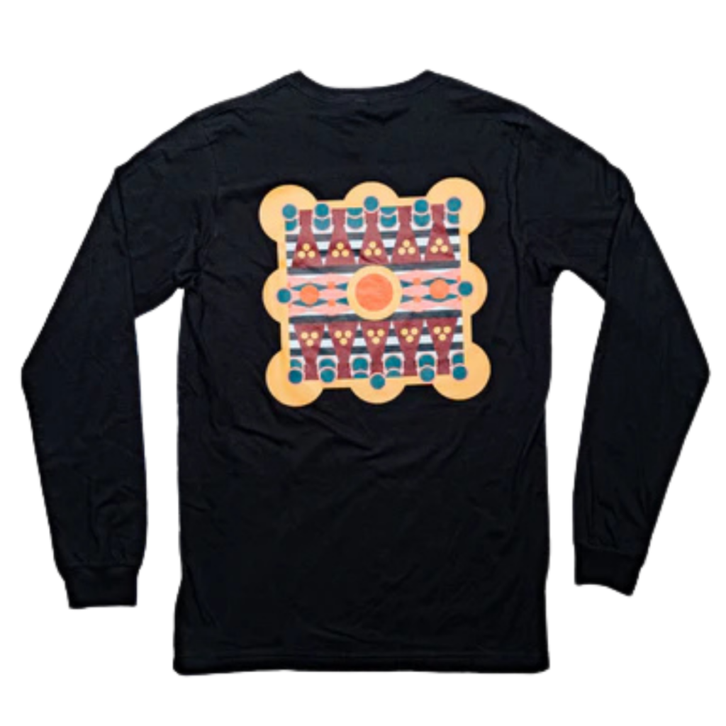 Black long sleeve shirt featuring a colorful geometric artwork on the back, designed by artist Dahlia Elsayed for the AANM 20th Anniversary Collection.