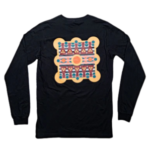 Black long sleeve shirt featuring a colorful geometric artwork on the back, designed by artist Dahlia Elsayed for the AANM 20th Anniversary Collection.