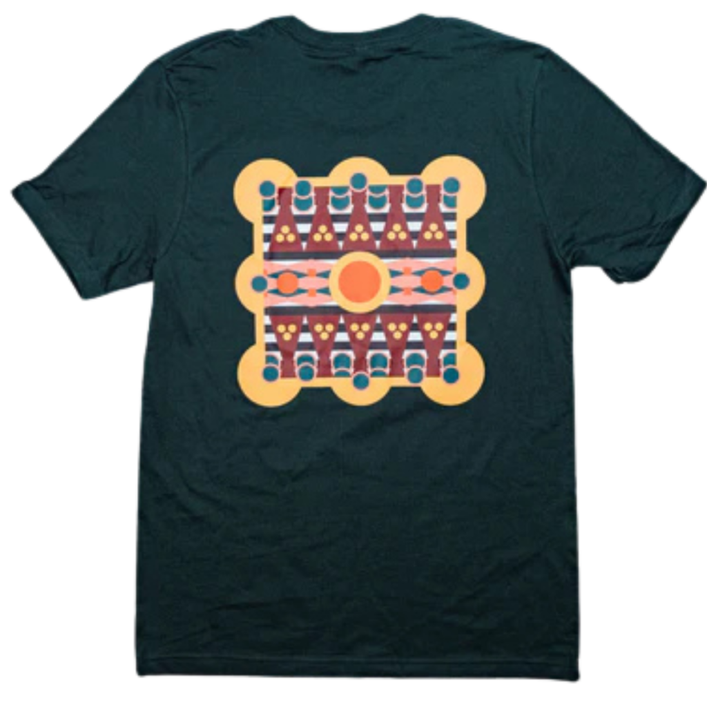 Dark forest green short sleeve t-shirt with a symmetrical geometric print by Dahlia Elsayed on the back.