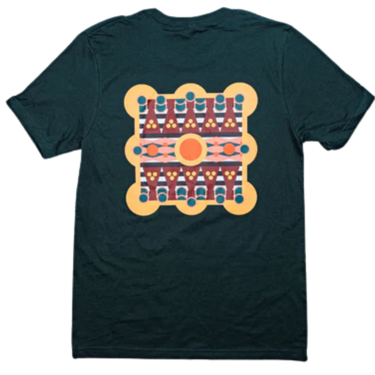 This forest green t-shirt celebrates the Arab American National Museum’s 20th year with original art by Dahlia Elsayed. Dark forest green short sleeve t-shirt with a symmetrical geometric print by Dahlia Elsayed on the back.