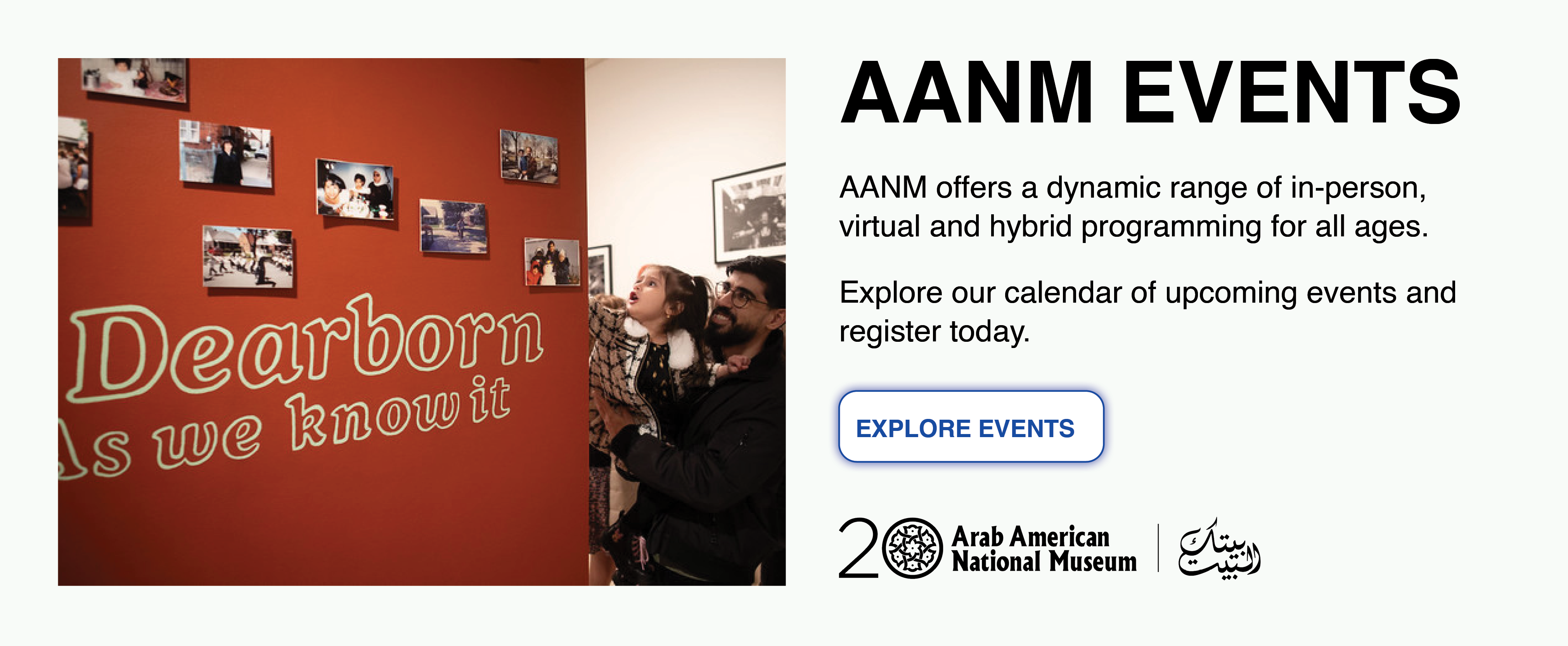 Colorful event collage featuring Arab American artists, performers, and community members in celebration scenes, with bold typography announcing museum events.
