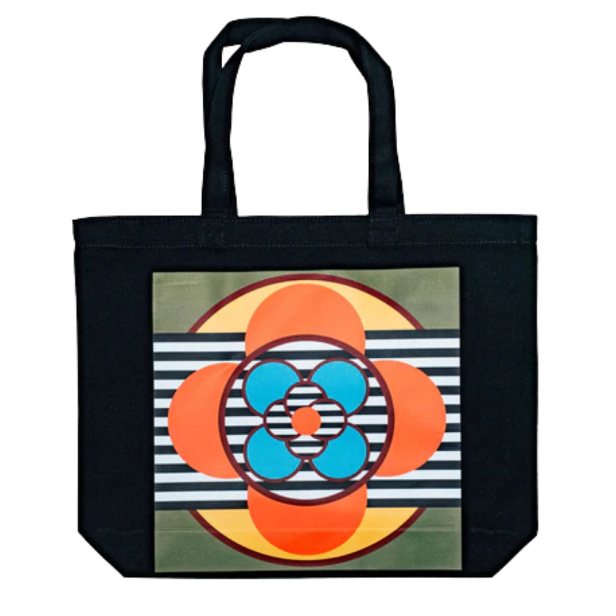 A sturdy, artist-designed tote celebrating two decades of storytelling at AANM. Black canvas tote bag with a bold, circular abstract design featuring orange, blue, and striped elements, created by Dahlia Elsayed.