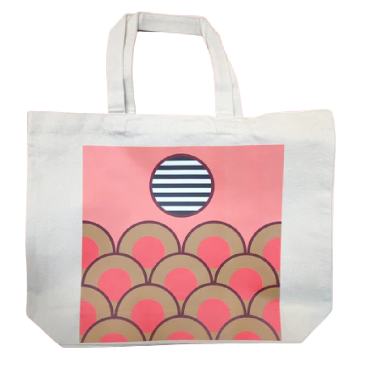 A gentle yet striking tote from the Dahlia Elsayed x AANM 20th Anniversary Collection. Natural canvas tote bag with a soft pink background and abstract design of scalloped arches beneath a striped sun motif.