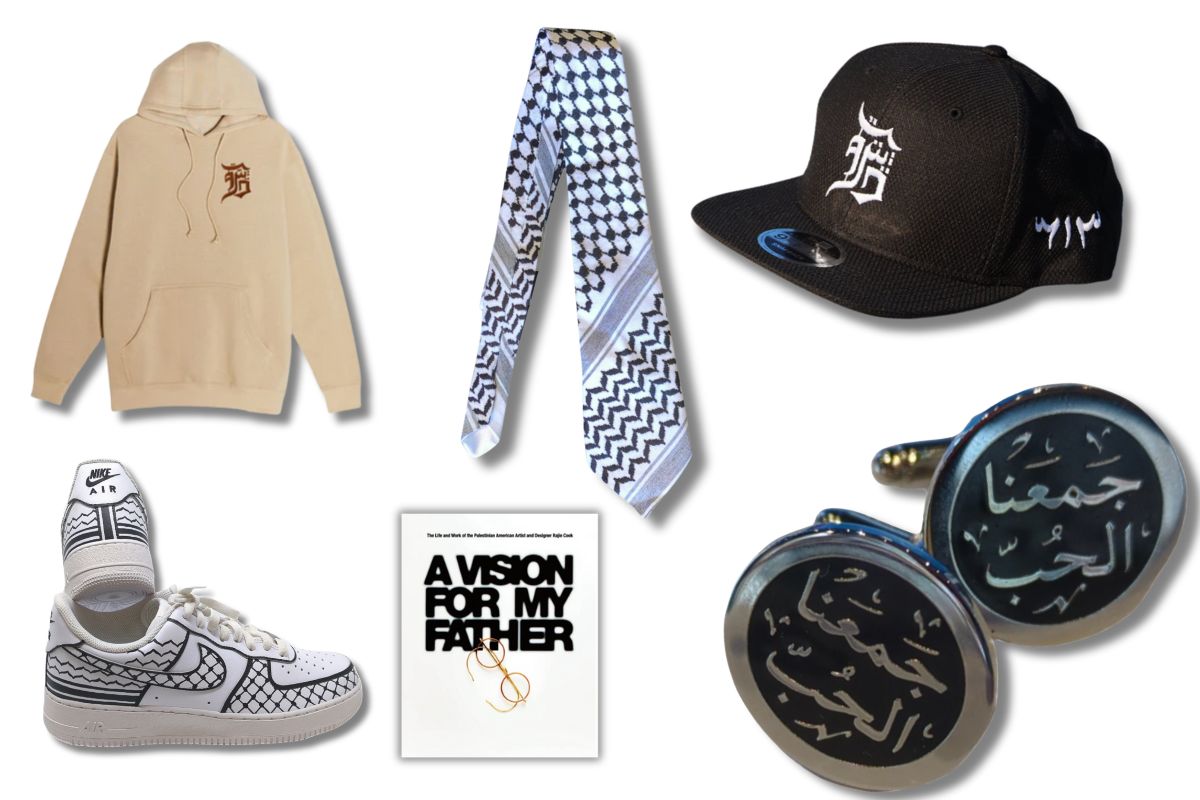 Celebrate Arab American creativity this Father’s Day with gifts that carry culture, style, and story. Collage of Arab American Father’s Day gifts including a keffiyeh tie, Detroit hoodie, Arabic calligraphy hat, book, cufflinks, and sneakers.