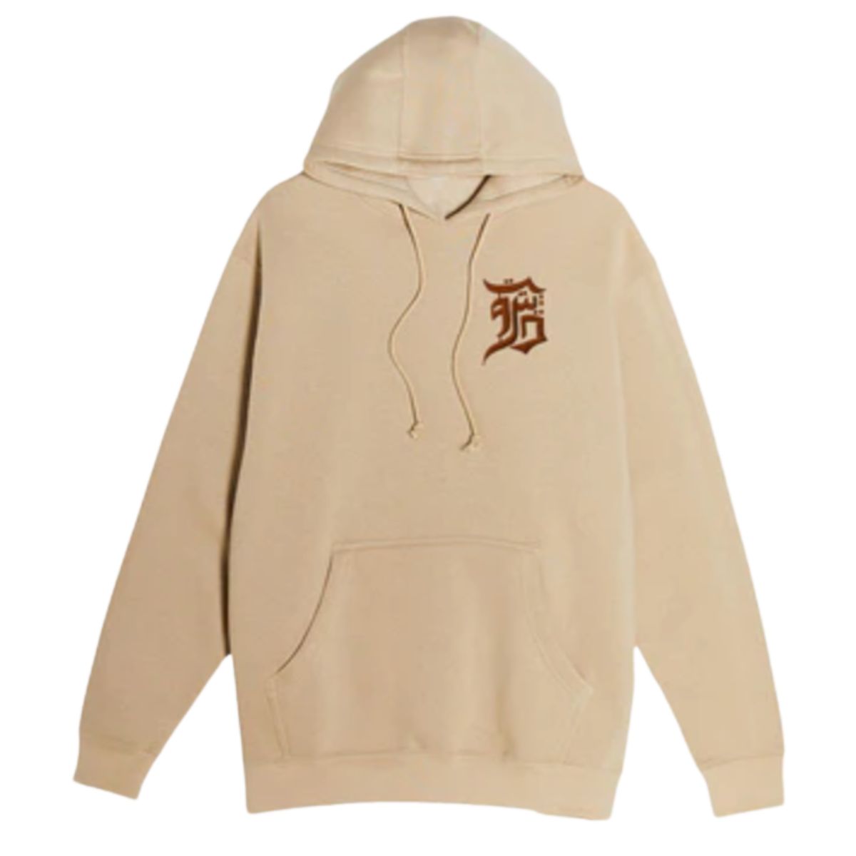 A cozy classic with cultural edge—this hoodie spells 'Detroit' in bold Arabic calligraphy. Beige hoodie with front pocket and brown Arabic calligraphy spelling 'Detroit' on the chest.
