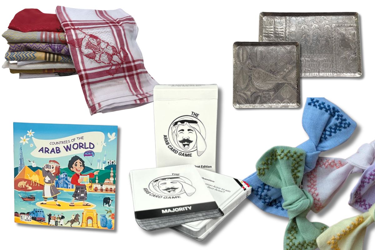 Celebrate Arab American Heritage Month with curated gifts that honor culture, creativity, and community. Colorful assortment of Arab American-inspired gifts including jewelry, ceramics, books, and textiles arranged on a light background to celebrate Arab American Heritage Month.