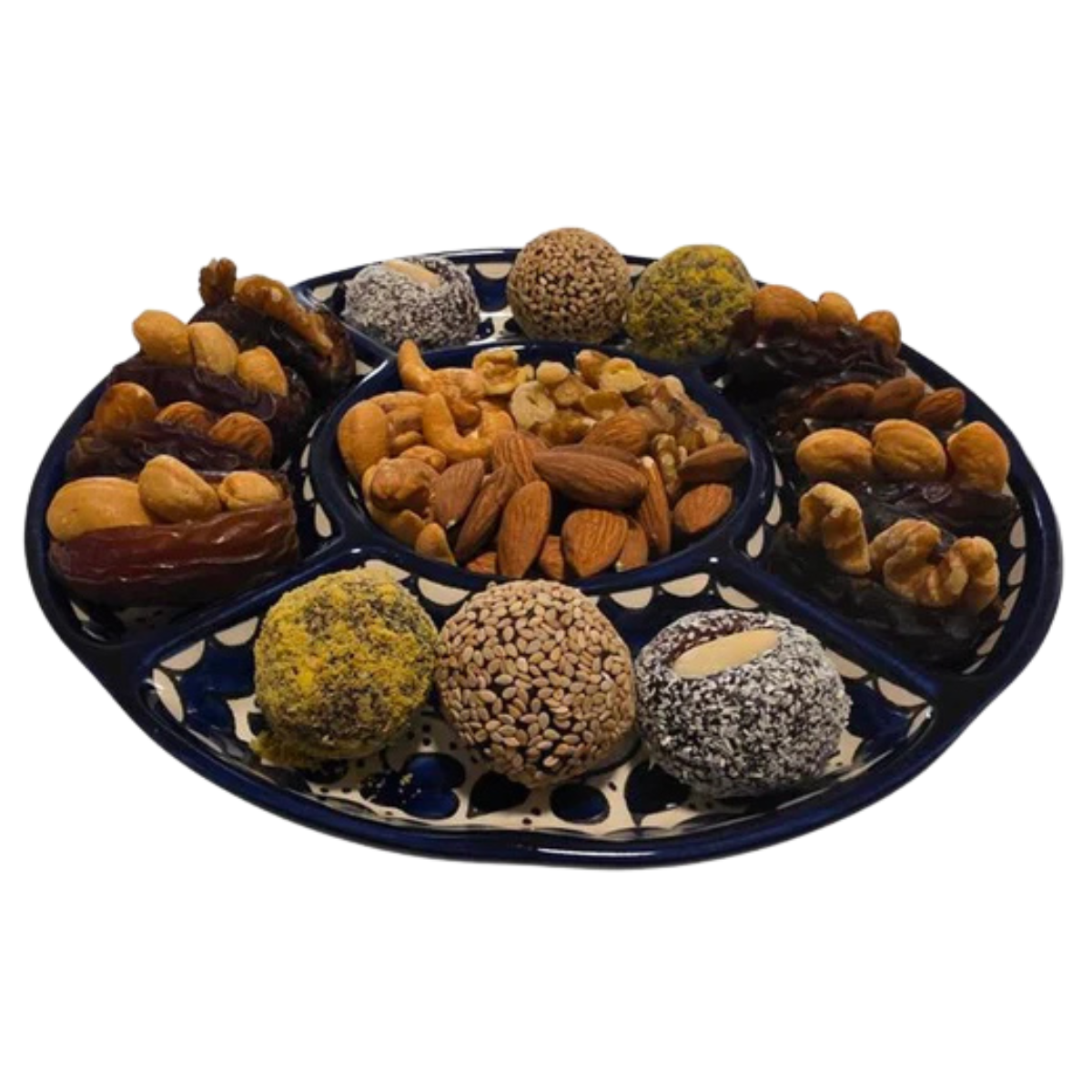 A celebration of Palestinian craftsmanship and flavor—perfect for gatherings, gifts, or a quiet moment of sweetness. A hand-painted Palestinian ceramic platter featuring a colorful assortment of stuffed dates, nut clusters, and spiced date truffles arranged in separate sections.